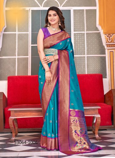 Aqua Blue & Purple Soft Peshwai Woven Paithani Silk Saree For Traditional / Religious Occasions