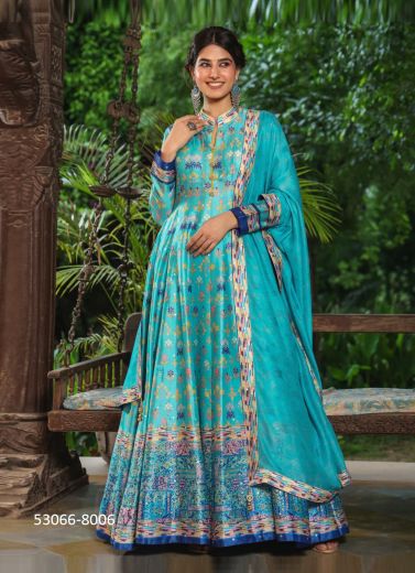 Aqua Silk Digitally Printed Readymade Gown With Dupatta For Traditional / Religious Occasions