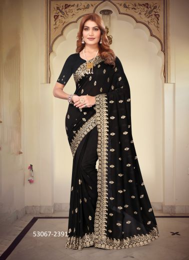 Black Vichitra Silk Embroidered Festive-Wear Desi Saree