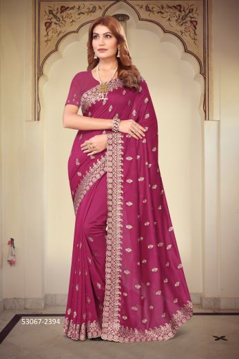 Magenta Vichitra Silk Embroidered Festive-Wear Desi Saree