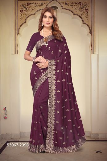 Wine Vichitra Silk Embroidered Festive-Wear Desi Saree