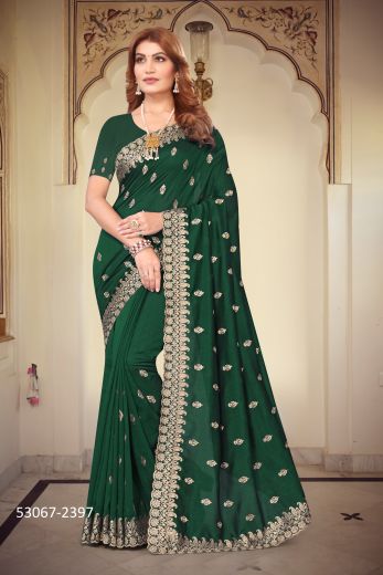 Green Vichitra Silk Embroidered Festive-Wear Desi Saree