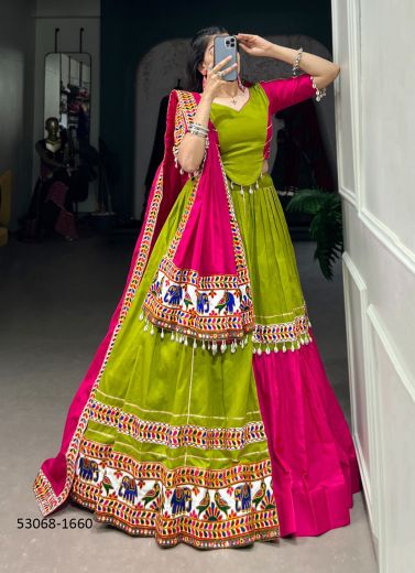 Olive Green & Magenta Cotton Gamthi Work Navratri Special Readymade Lehenga Choli [Chaniya Choli For Garba]