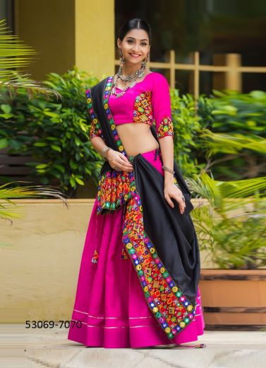 Magenta & Black Cotton Gamthi Work Navratri Special Readymade Lehenga Choli [Chaniya Choli For Garba]