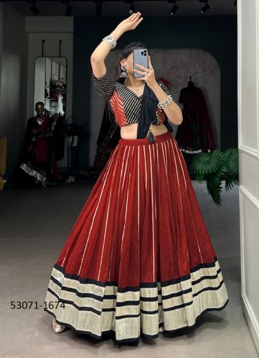 Maroon & Black Woven Chanderi Readymade Lehenga Choli For Traditional / Religious Occasions