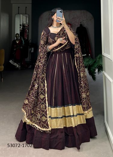 Dark Wine & Cream Georgette Bandhani Printed Readymade Lehenga Choli For Traditional / Religious Occasions