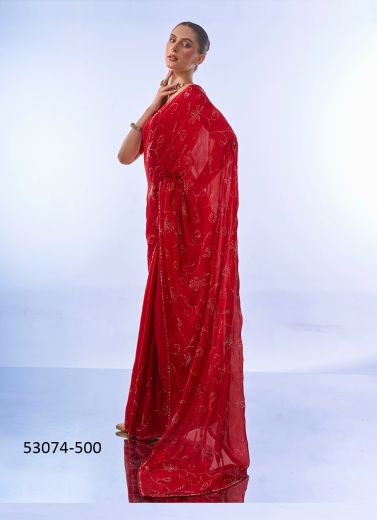 Red Satin Chiffon Swarovski Work Party-Wear Bollywood Saree