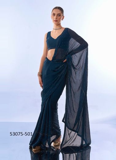 Dark Sea Blue Satin Chiffon Swarovski Work Party-Wear Bollywood Saree