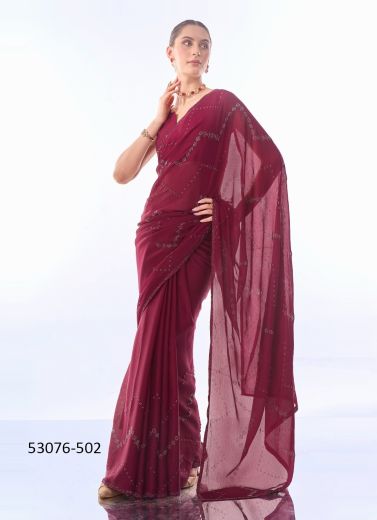 Wine Red Satin Chiffon Swarovski Work Party-Wear Bollywood Saree