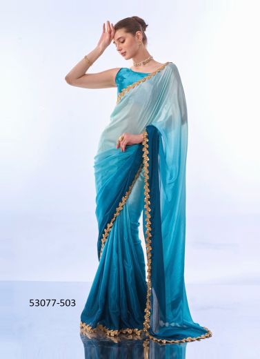 Aqua Blue Shaded Chinon Sequins-Work Party-Wear Bollywood Saree