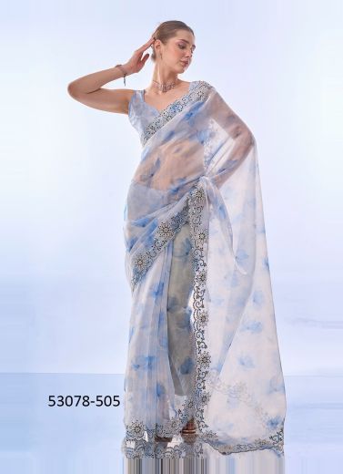 White & Blue Organza Digitally Printed Party-Wear Bollywood Saree