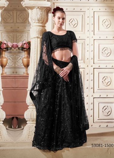 Black Net Zarkan Flower Patch Sequins-Work Wedding-Wear Readymade Gliterring Lehenga Choli