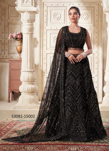 Black Net Zarkan Flower Patch Sequins-Work Wedding-Wear Readymade Gliterring Lehenga Choli