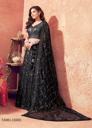 Black Net Zarkan Flower Patch Sequins-Work Wedding-Wear Readymade Gliterring Lehenga Choli