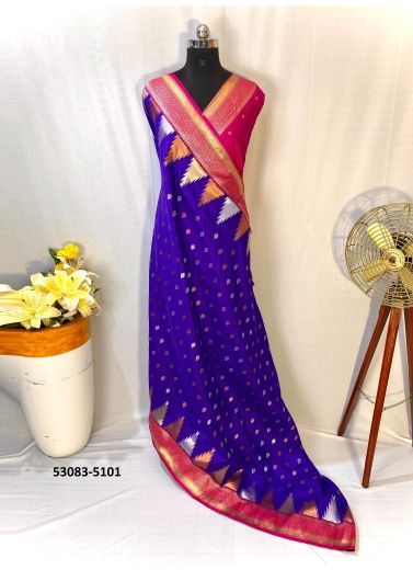 Indigo Blue & Magenta Woven Kanjivaram Silk Saree For Traditional / Religious Occasions