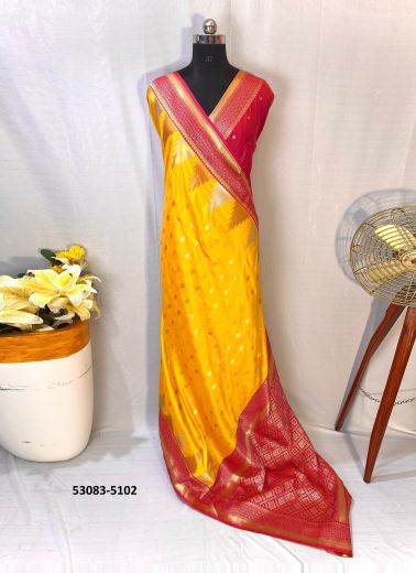 Yellow & Wine Woven Kanjivaram Silk Saree For Traditional / Religious Occasions