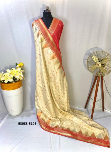 Bone White & Maroon Woven Kanjivaram Silk Saree For Traditional / Religious Occasions