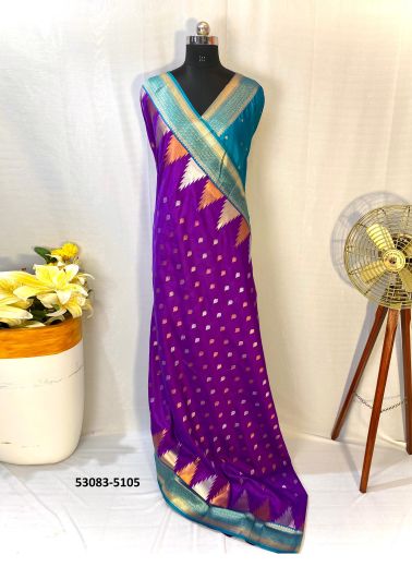 Violet & Teal Blue Woven Kanjivaram Silk Saree For Traditional / Religious Occasions