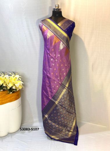 Mauve Pink & Blue Woven Kanjivaram Silk Saree For Traditional / Religious Occasions