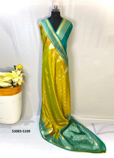 LIme Yellow & Teal Blue Woven Kanjivaram Silk Saree For Traditional / Religious Occasions