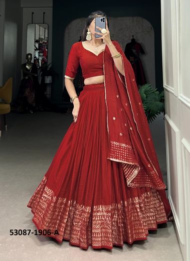 Maroon Woven Chanderi Lehenga Choli For Traditional / Religious Occasions