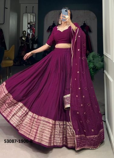 Purple Woven Chanderi Lehenga Choli For Traditional / Religious Occasions