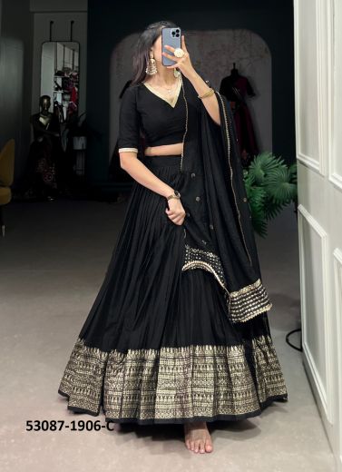 Black Woven Chanderi Lehenga Choli For Traditional / Religious Occasions