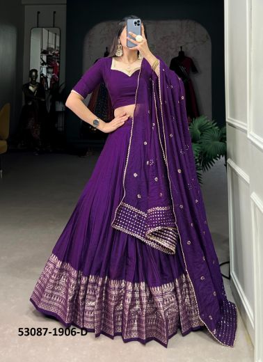 Violet Woven Chanderi Lehenga Choli For Traditional / Religious Occasions