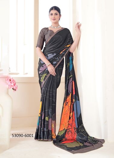 Multicolored Crepe Silk Digitally Printed Vibrant Saree For Kitty-Parties