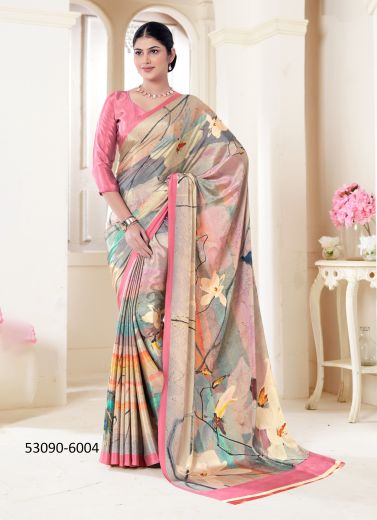 Multicolored Crepe Silk Digitally Printed Vibrant Saree For Kitty-Parties