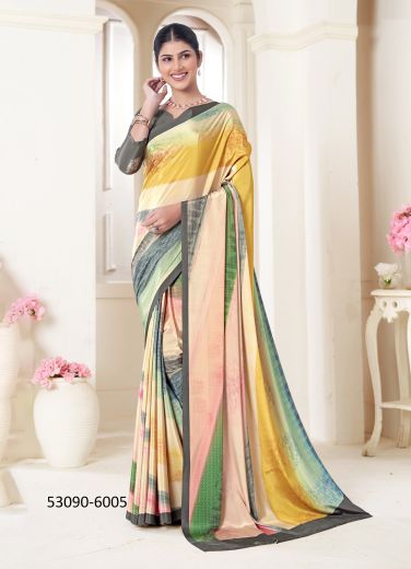 Multicolored Crepe Silk Digitally Printed Vibrant Saree For Kitty-Parties