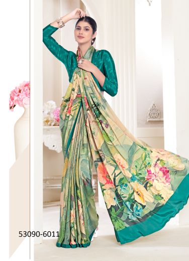 Multicolored Crepe Silk Digitally Printed Vibrant Saree For Kitty-Parties