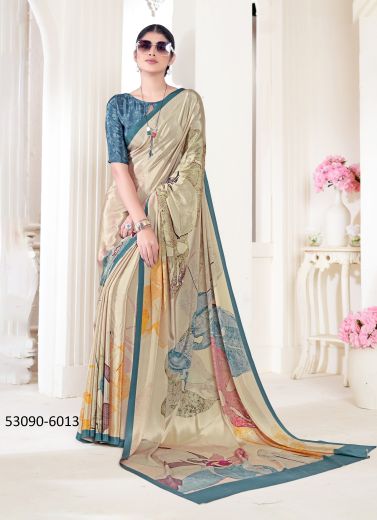 Multicolored Crepe Silk Digitally Printed Vibrant Saree For Kitty-Parties