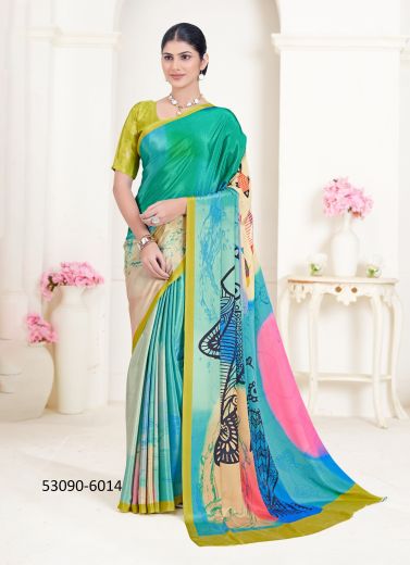 Multicolored Crepe Silk Digitally Printed Vibrant Saree For Kitty-Parties