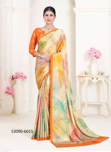 Multicolored Crepe Silk Digitally Printed Vibrant Saree For Kitty-Parties