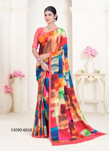 Multicolored Crepe Silk Digitally Printed Vibrant Saree For Kitty-Parties