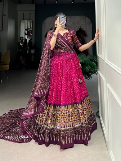 Magenta & Purple Tussar Silk Patola-Printed Lehenga Choli For Traditional / Religious Occasions