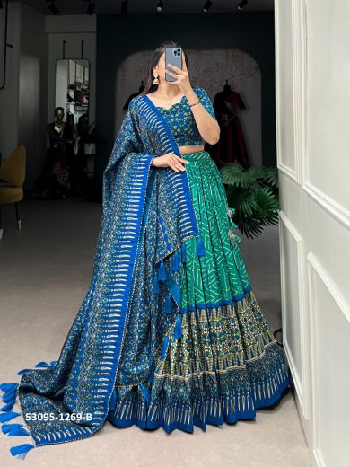 Sea Green & Blue Tussar Silk Patola-Printed Lehenga Choli For Traditional / Religious Occasions