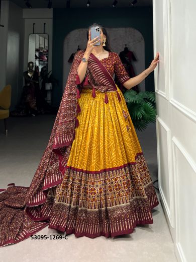 Yellow & Maroon Tussar Silk Patola-Printed Lehenga Choli For Traditional / Religious Occasions