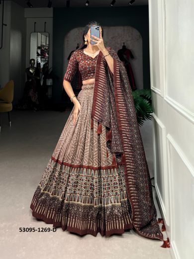 Brown & Dark Maroon Tussar Silk Patola-Printed Lehenga Choli For Traditional / Religious Occasions