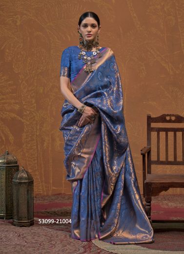 Blue Woven Silk Handloom Saree For Traditional / Religious Occasions