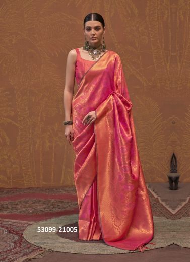 Dark Pink Woven Silk Handloom Saree For Traditional / Religious Occasions