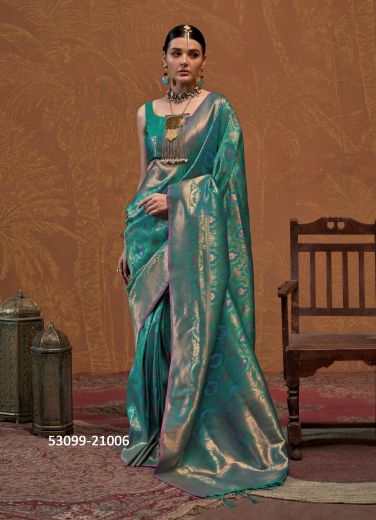 Teal Green Woven Silk Handloom Saree For Traditional / Religious Occasions