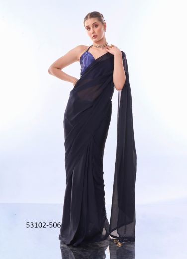 Dark Navy Blue Satin Chiffon Party-Wear Bollywood Saree