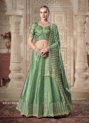 Sea Green Silk Zarkan-Work Wedding-Wear Readymade Reception Lehenga Choli