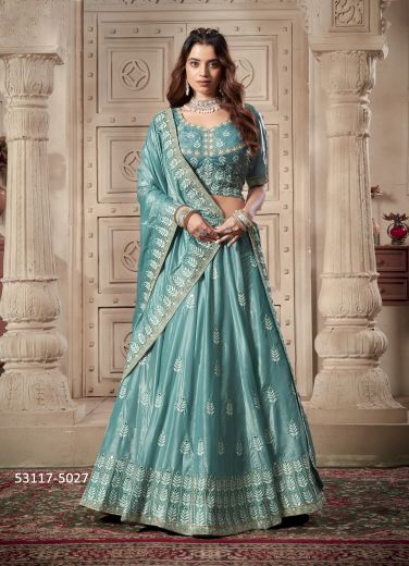 Light Blue Silk Zarkan-Work Wedding-Wear Readymade Reception Lehenga Choli