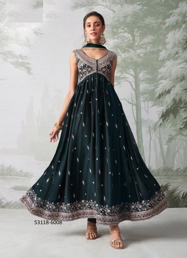 Dark Teal Blue Georgette Embroidered Party-Wear Readymade Anarkali Salwar Kameez