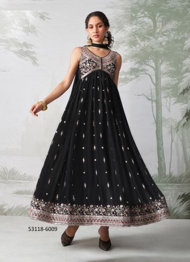 Black Georgette Embroidered Party-Wear Readymade Anarkali Salwar Kameez