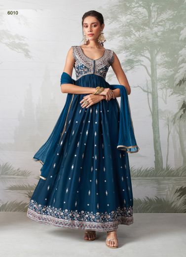 Sea Blue Georgette Embroidered Party-Wear Readymade Anarkali Salwar Kameez