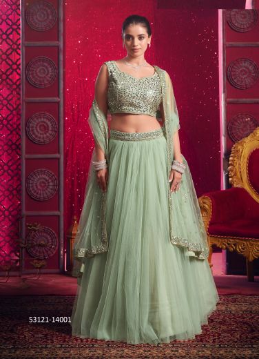 Light Sage Green Net Sequins-Work Wedding-Wear Readymade Gliterring Lehenga Choli